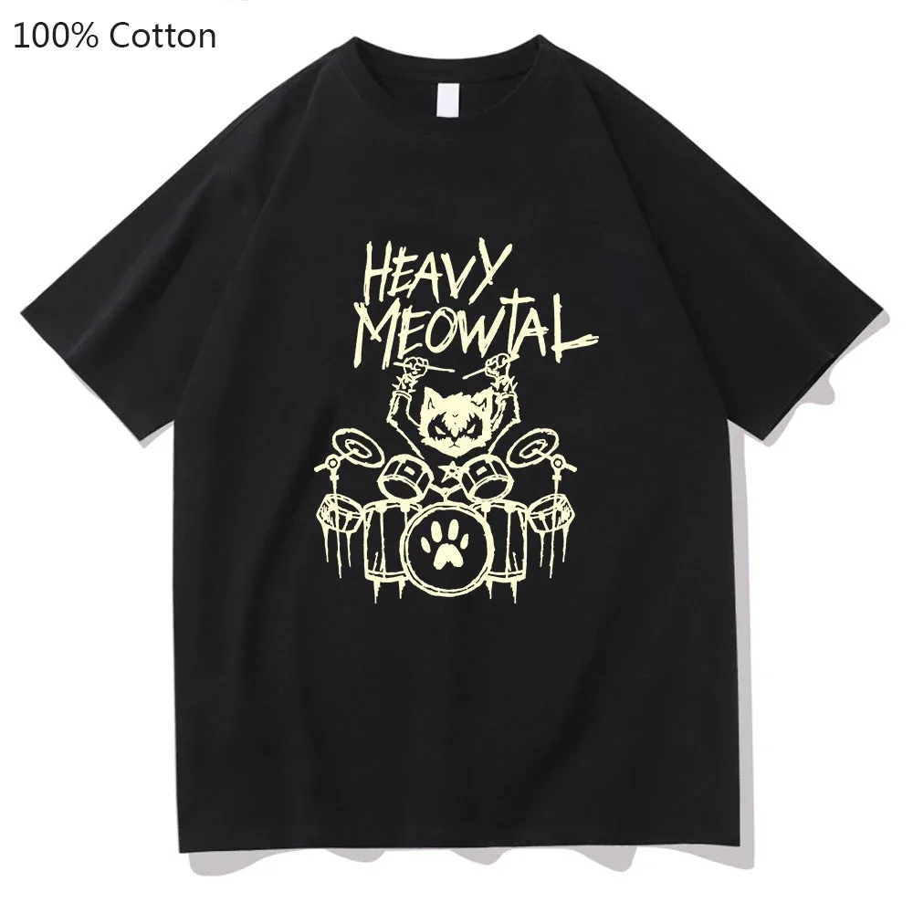 Heavy Meowtal Cat Printed T-shirt Metal Music Funny Graphic Tshirt Fashion Mens Tops Shirt 100% Cotton T Shirts for Summer Male