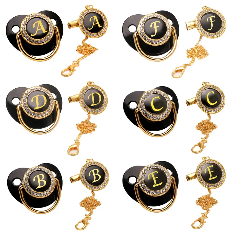 Black Luxury Pacifier Chain Clips with Lid Name Initial Letter Silicone Nipple Holder Personalized Pacifiers Newborn Baby Shower