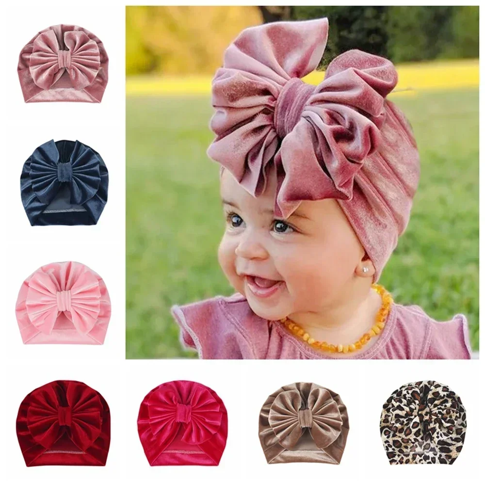 New Baby Girls Big Bow Knot Velvet Hat Newborn Infant Turban Caps Children Leopard Beanies Photo Props Gifts Hair Accessories