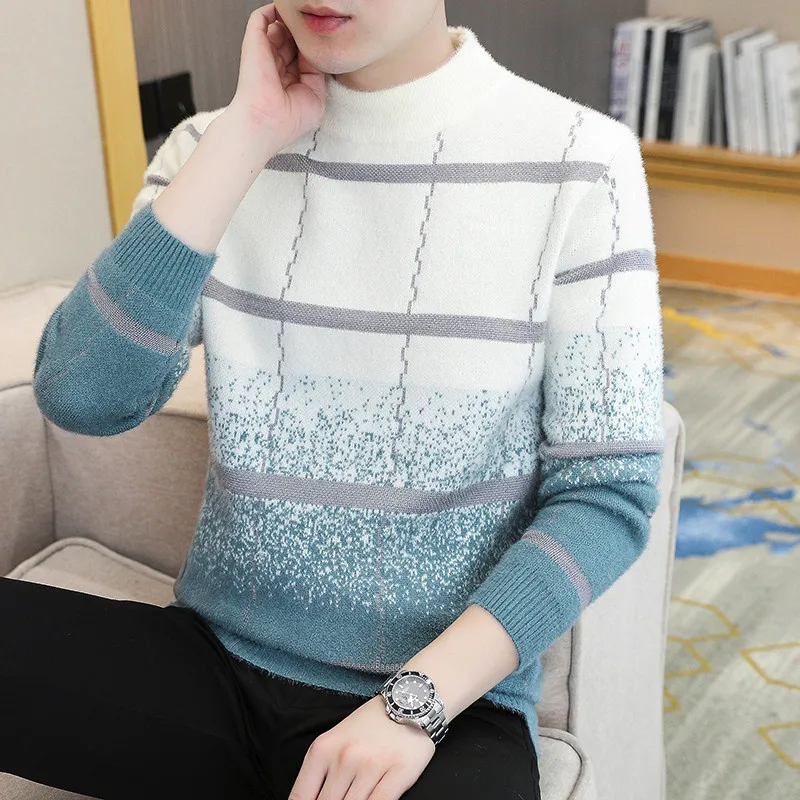 Winter Plaid Mink Cashmere Sweater Men Half Turtleneck Mens Sweaters Top Quality Pull Homme Thick Warm Pullover Men