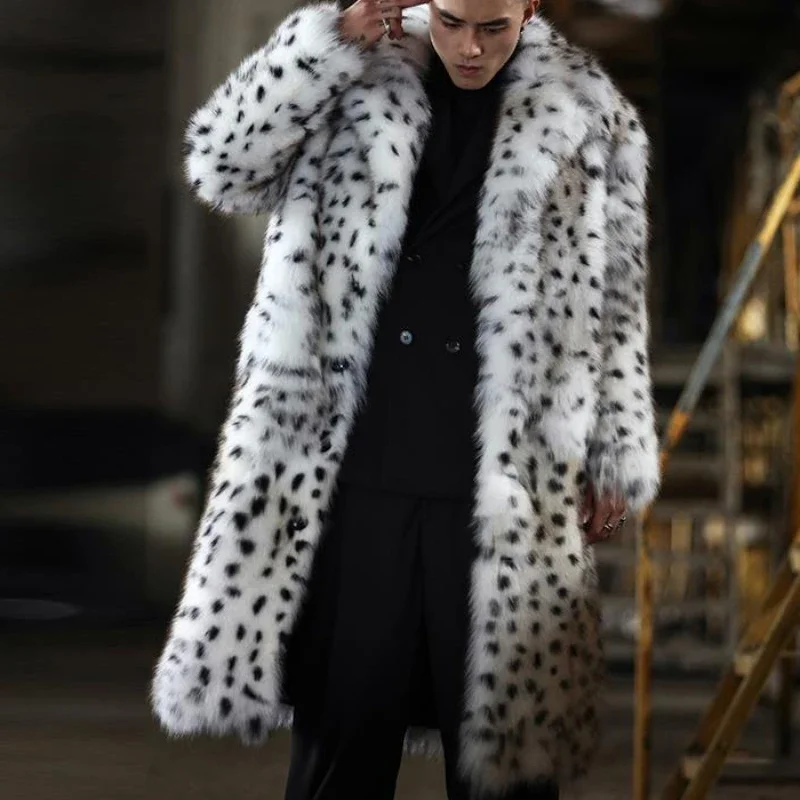 Leopard Men Winter Thick Hooded Faux Fox Fur Coat Jacket Long Sleeve Warm Luxury Fur Black Parkas Bontjas Furry Shaggy Outerwear