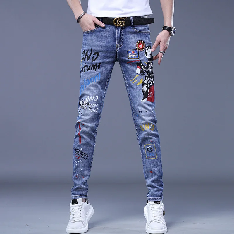 Fashion Printed Jeans Men's Korean Brand Embroidery Badge Pattern Youth Ripped Small Feet Teenagers Cowboy Pencil Pants