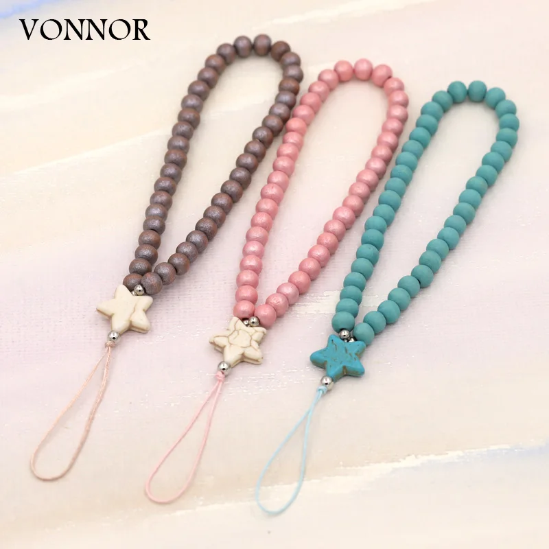 Main Multicolor Wood Beads Phone Chain Star Stone Phone Charm Anti-Lost Lanyard Strap Handmade Jewelry Women Accessories Gifts image