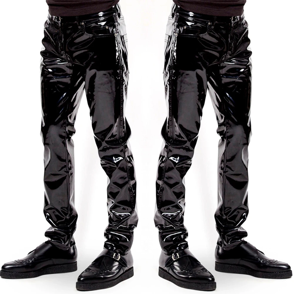 Men Faux Leather PVC Pants Trousers Long Shiny Club Dance Wear Punk Gothic Black Slim Fit Nightclub Party Pants Male Motorcycle