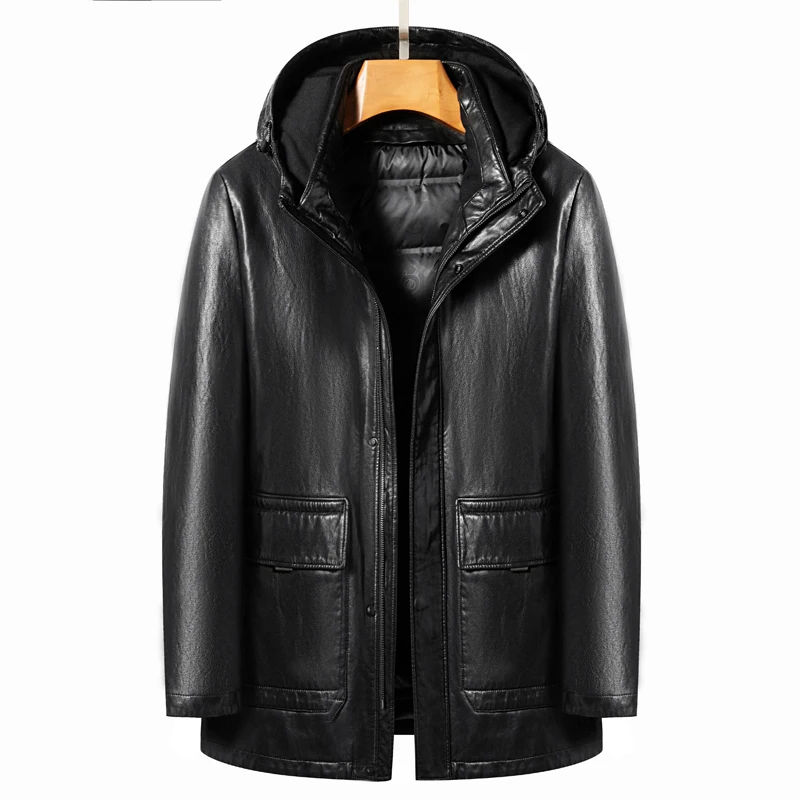 YN-2268 Winter Middle Aged High Grade Men's Hooded Natural Leather Down Jacket Medium Long Detachable White Duck Down Liner