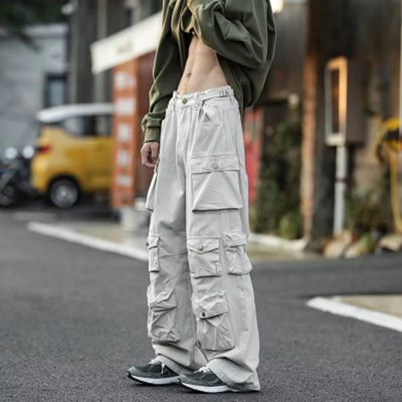 Cargo Pants Street Popular White Multi-pocket Overalls Men's Harajuku Loose Casual Trousers Straight Mopping Pants Sweatpants