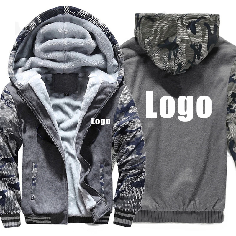 Custom Logo Design Camouflage Faux Fur Hoodies DIY Printed Winter Fleece Men Hooded Coat Customized Thicken Sweatshirt Jacket