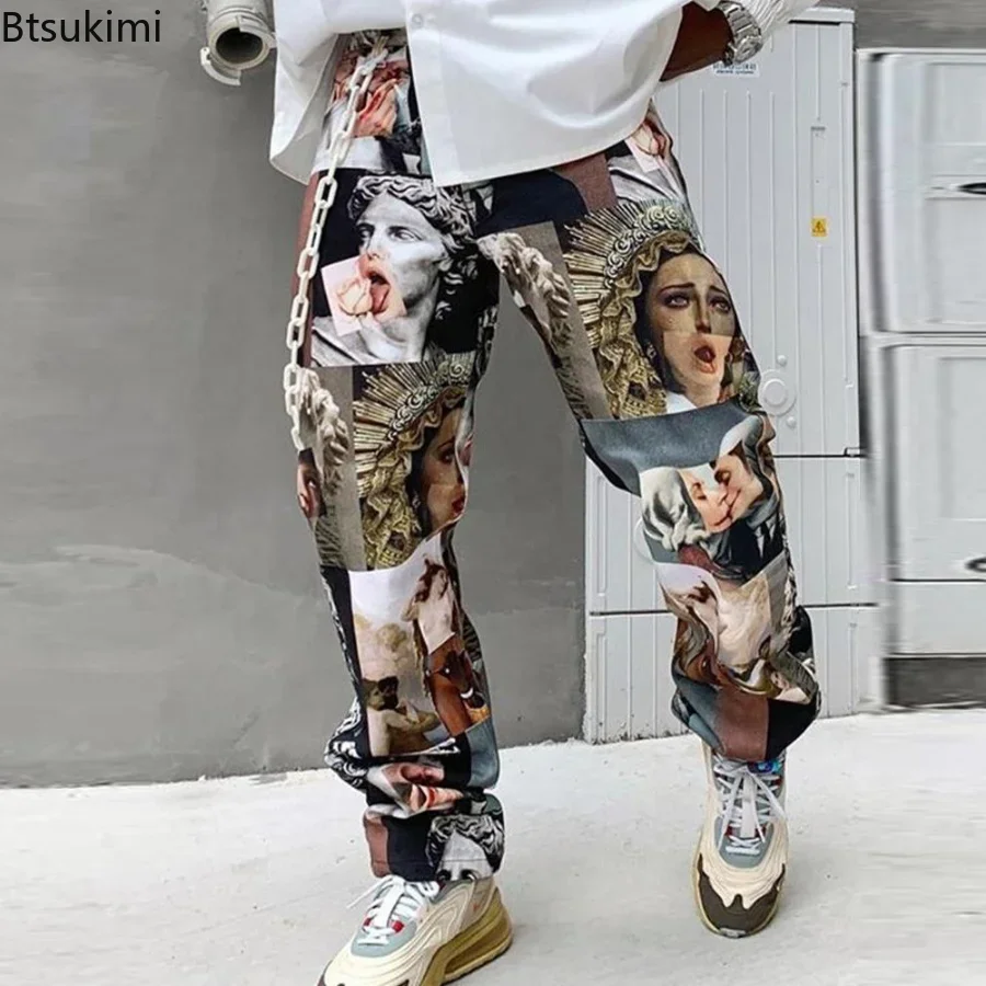 New Spring Autumn Men Pants Streetwear Printed Pants Straight Loose Mid Waist Casual Trousers Men Fashion Full Length Pants Male