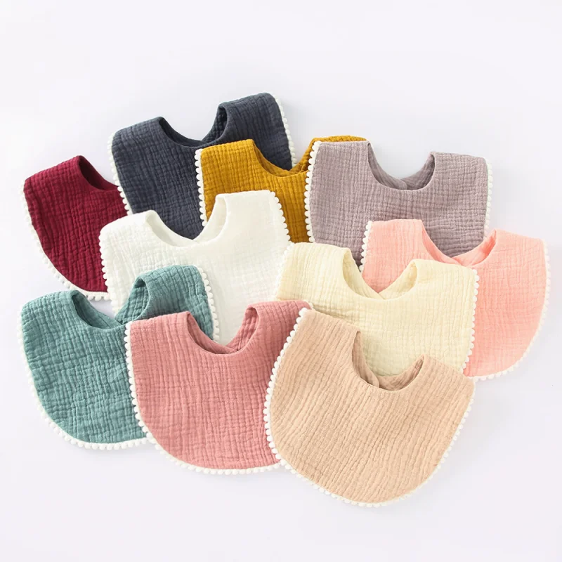 Cotton Gauze Ruffle Baby Bibs Solid Color Newborn Feeding Saliva Towel Bandana Boy Girls Snap Button Burp Cloth Baby Drool Bib