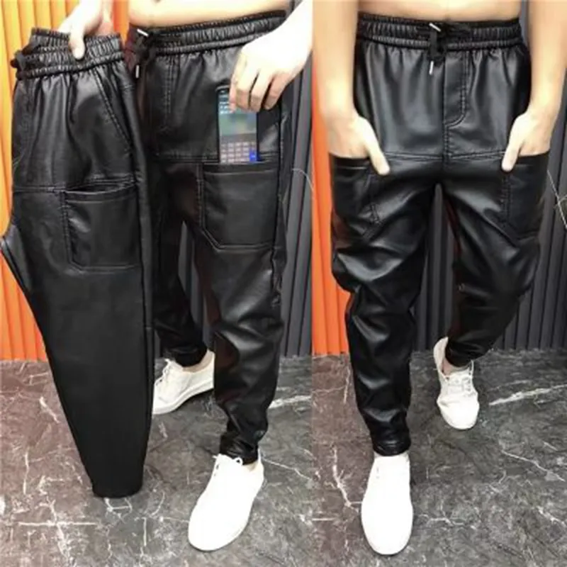 Men Leather Pants Elastic Waist Faux Leather Pants Men Joggers Zipper Pockets Black Streetwear Slim Pencil Pant Men Clothing