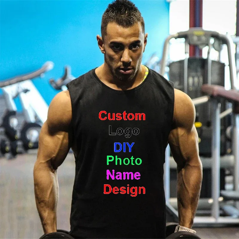 Customized Brand Logo DIY Mens Cotton Gym Tank Top Bodybuilding Sleeveless T Shirt Fitness Vest Training Clothing