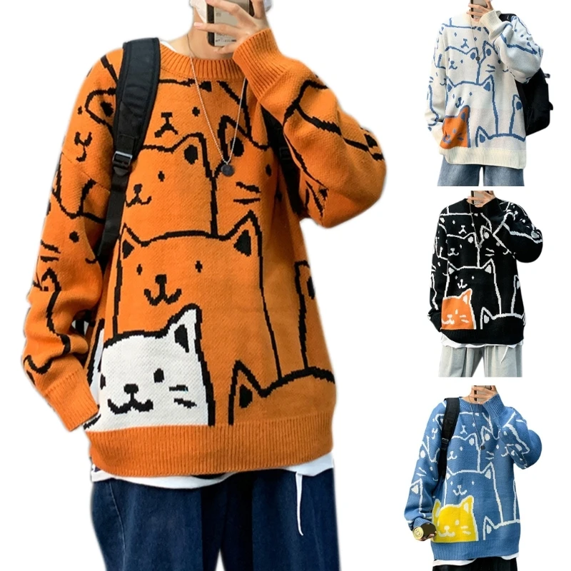 Men Long Sleeve Sweater Harajuku Cartoon Cat Printed Pullover Top Hip-Hop Oversized Loose Knitwear Round Neck Streetwear