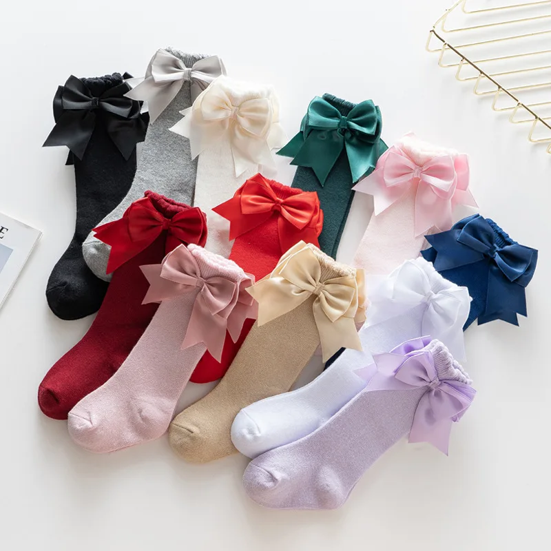 12 Colors Girls Socks Double Bows Cotton Baby Children Sock Soft Baby Long Tube Socks Kids Princess Knee High Socken For 0-7Y