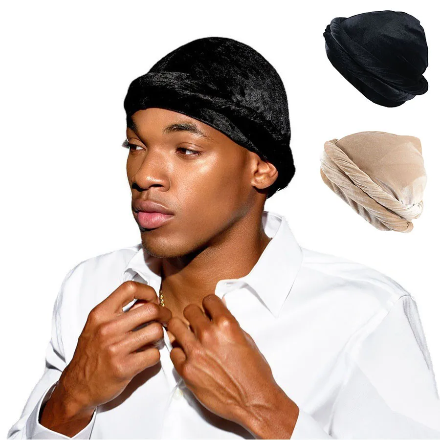 Elastic Velvet Braids Men's Turban Hat Satin Lined Streetwear Hip-hop Headband Cap Stretchy Patchwork Men Bandana Headwrap Caps