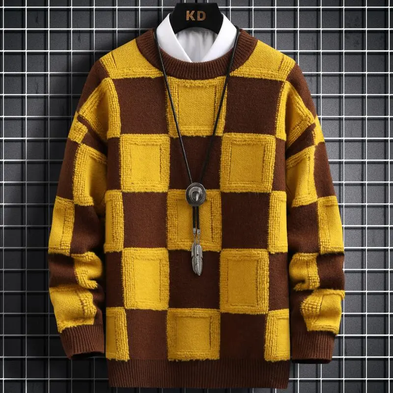 New Fall Winter Korean Style Mens Pullovers Sweaters High Quality Thick Warm Cashmere Sweater Men Luxury Plaid Pull Homme 2023