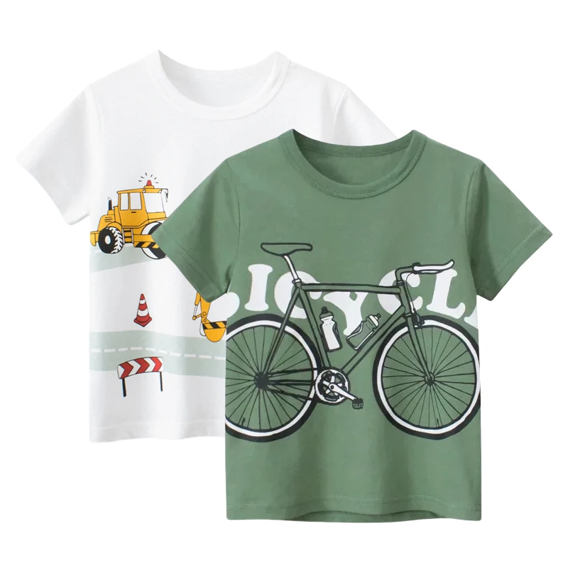 2024 Summer New Boys Clothes Cartoon Bicycle Print Children's T-Shirt Kids Fashion Short Sleeve O-Neck Cotton Top Tees Shirt