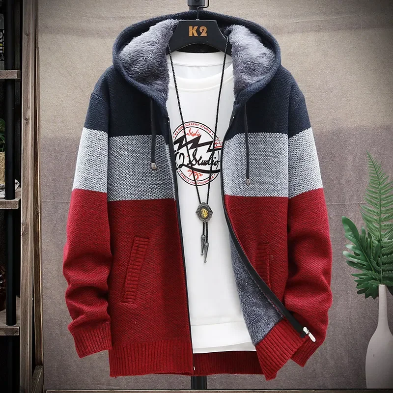 Men's Cardigan Hooded Sweater Autumn Winter New Fashion Male Clothing Stitching Color Plus Velvet Thickening Slim Jacket Coat