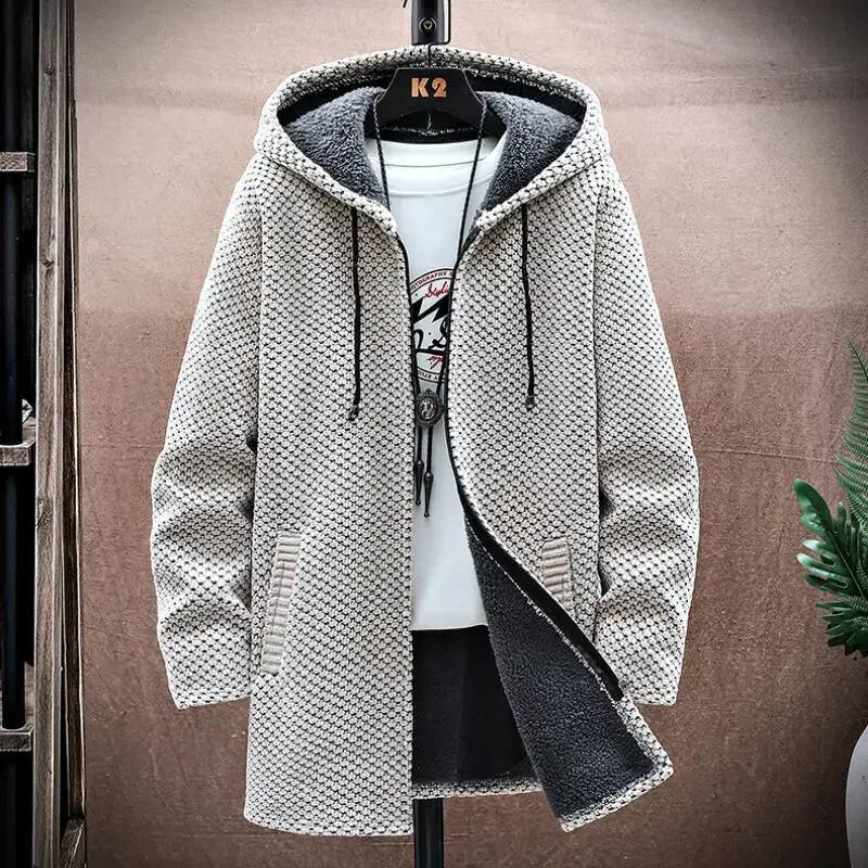 Men's Cardigan Cashmere Long Coat Sweaters with Hoods Autumn Winter New Fleece Warm Solid SweaterCoat Windbreaker Men Clothing