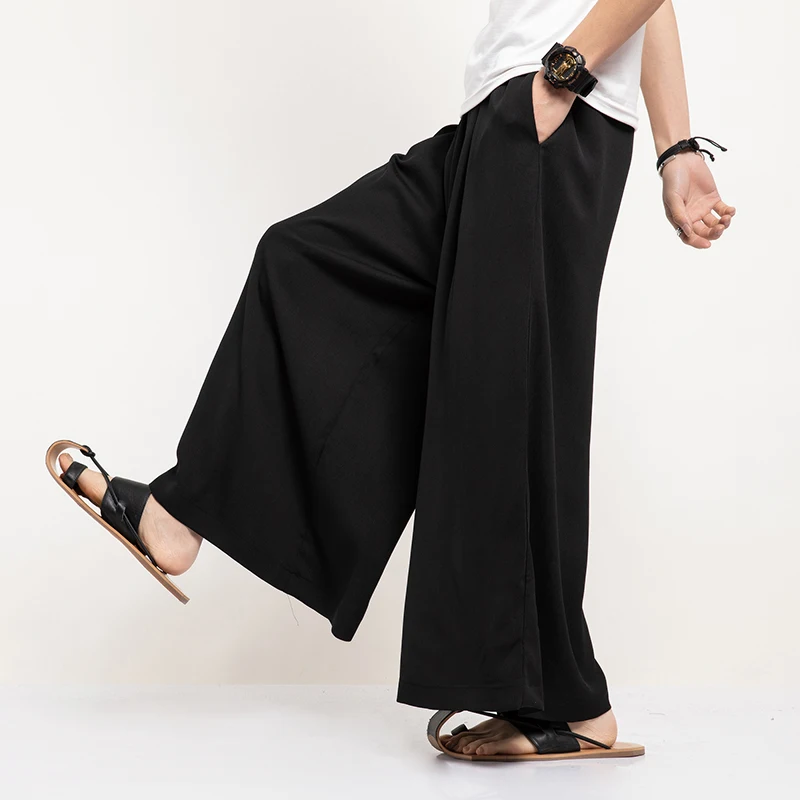 2023 Men Summer Thin Wide Leg Pants Men White Harajuku Streetwear Harem Pants Male Chinese Style HanFu Kongfu Skirt Trousers