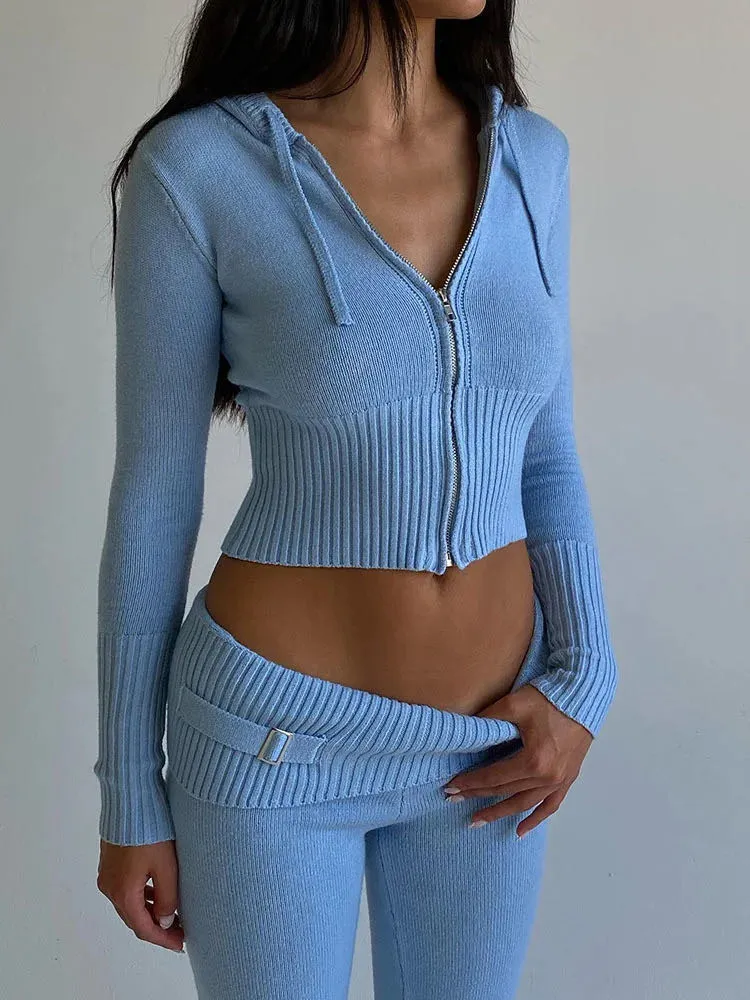 Main Solid Knitted 2 Piece Sets Women Tracksuit Long Sleeve Zipper Hooded Sweater Jackets Crop Top Flare Pants Stretchy Matching Suit image