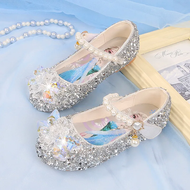 Disney Girl's Shoes Frozen Elsa Princess Soft Sole Shoes Summer Children's Crystal Pearly Shiny Girls Pink Blue Shoes