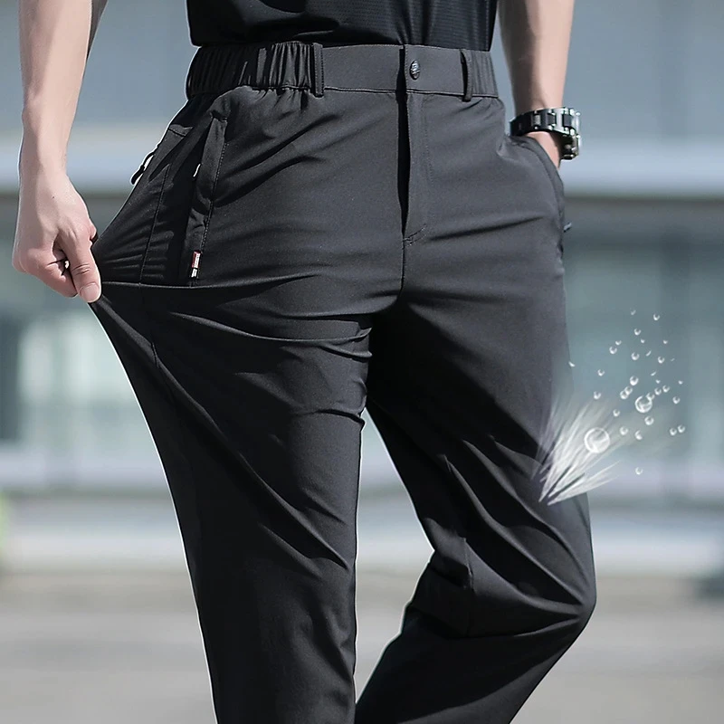 Men's Summer Cargo Pants Big Size Ice Silk Stretch Breathable Straight Leg Pants Quick Dry Elastic Lightweight Long Trousers