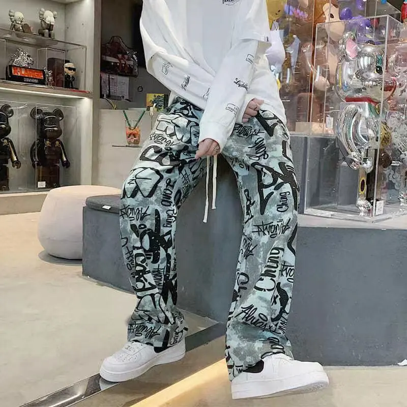 Mens Y2K Streetwear USA Style Graffiti Cargo Pants Men Letter Print Casual Trousers Vintage Straight Long Pants Pantalon Hombre