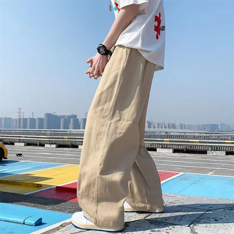 Spring Cotton Wide Leg Pants Men Fashion Solid Color Casual Pants Men Streetwear Korean Loose Straight Pants Mens Trousers S-5XL