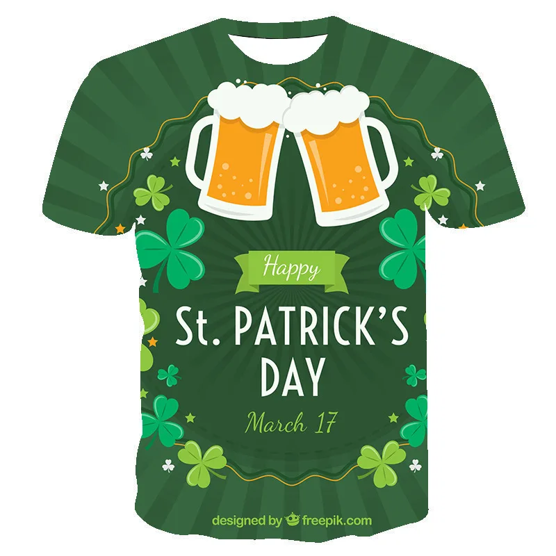 Ireland St. Patrick's Day Green Clover Animal Cat 3D Printed Men Women Children Fashion Casual Round Neck Short Sleeve T-shirts