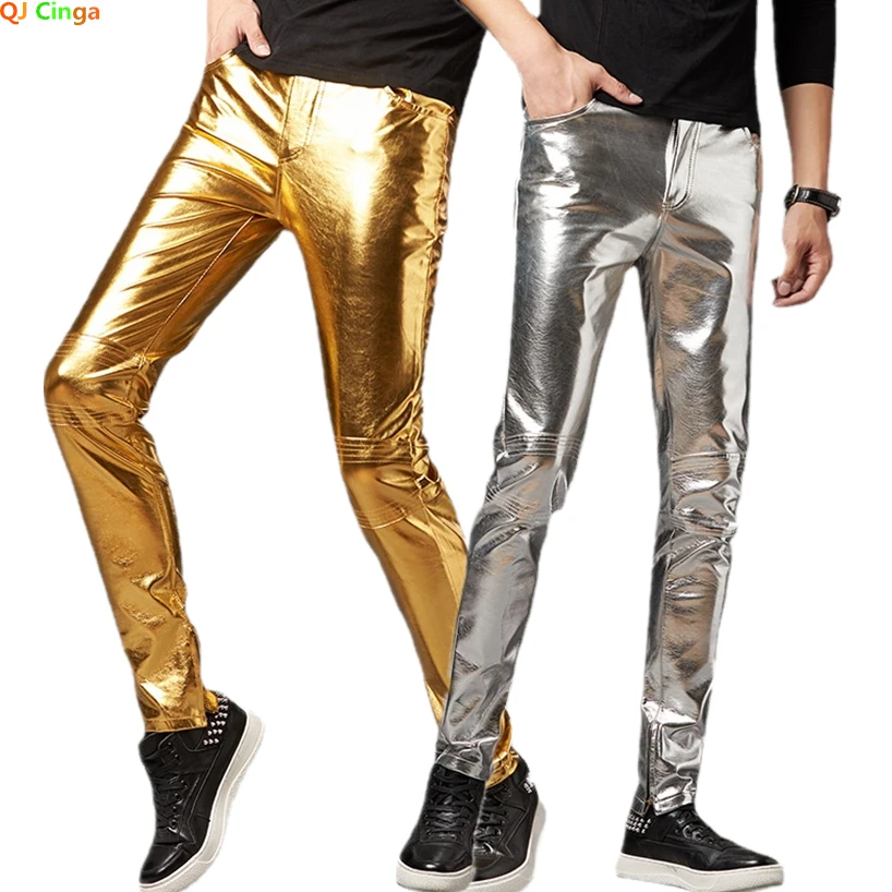 Silver Shiny Motorcycle PU Leather Pants Men Brand Skinny Disco Party Halloween Trousers Men Stage Prom Singer Costume Pants 3XL