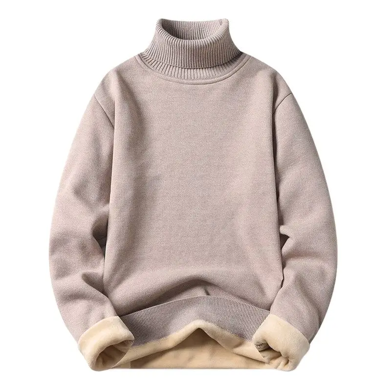 Autumn Winter Fleece Turtleneck Sweater Men Fashion Slim Fit Knitted Pullovers Mens Solid Color Warm Knitting Pullover Sweaters