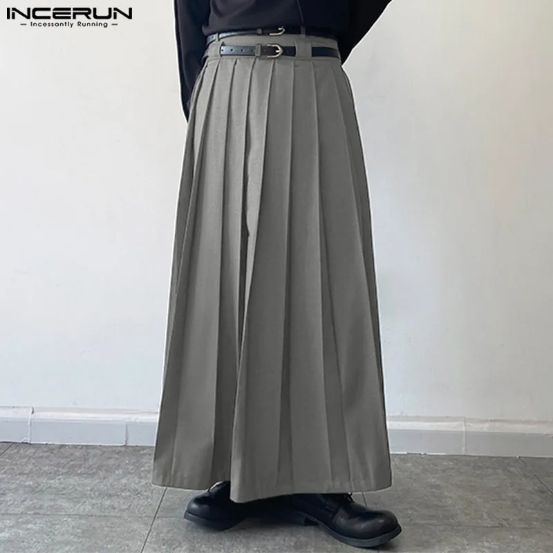 2023 Men Casual Skirts Solid Color Pleated Zipper Loose Trousers Personality Streetwear Leisure Fashion Men Skirts S-5XL INCERUN