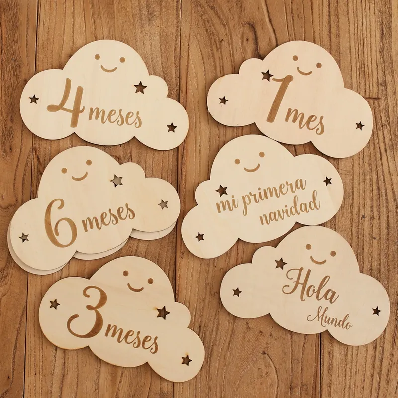 8pc/set Wooden Baby Milestone Card For Newborn Cute Cloud Shape Photography  Props Accessories Month Cards Sticker Newborn Gifts