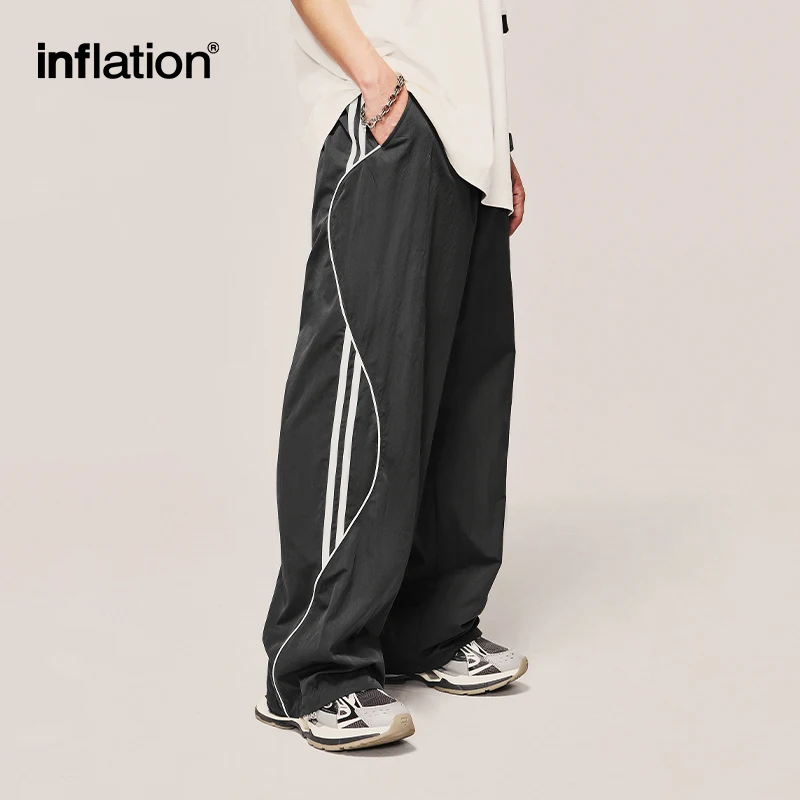 INFLATION Striped Side Wide Leg Trousers Men Drawstring Waist Sportswear Track Pants