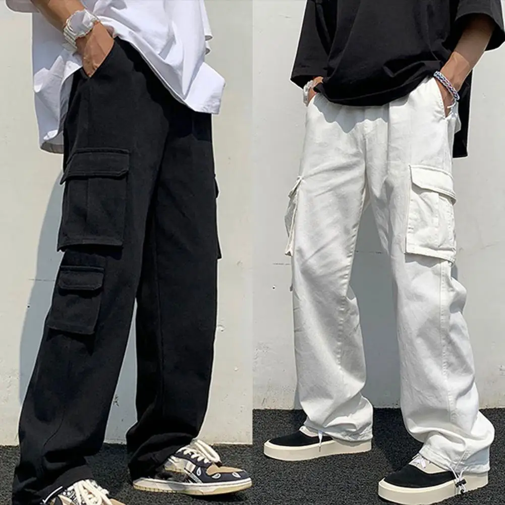 Men Cargo Pants Straight Pants Multiple Pockets Solid Color Drawstring Elastic Waist Leg Work Casual Pants брюки карго