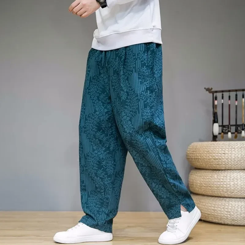 Men Printed Baggy Harem Pants Hip Hop Joggers Causal Loose Trousers Aladdin Crotch Wide Leg Cotton Linen Pants