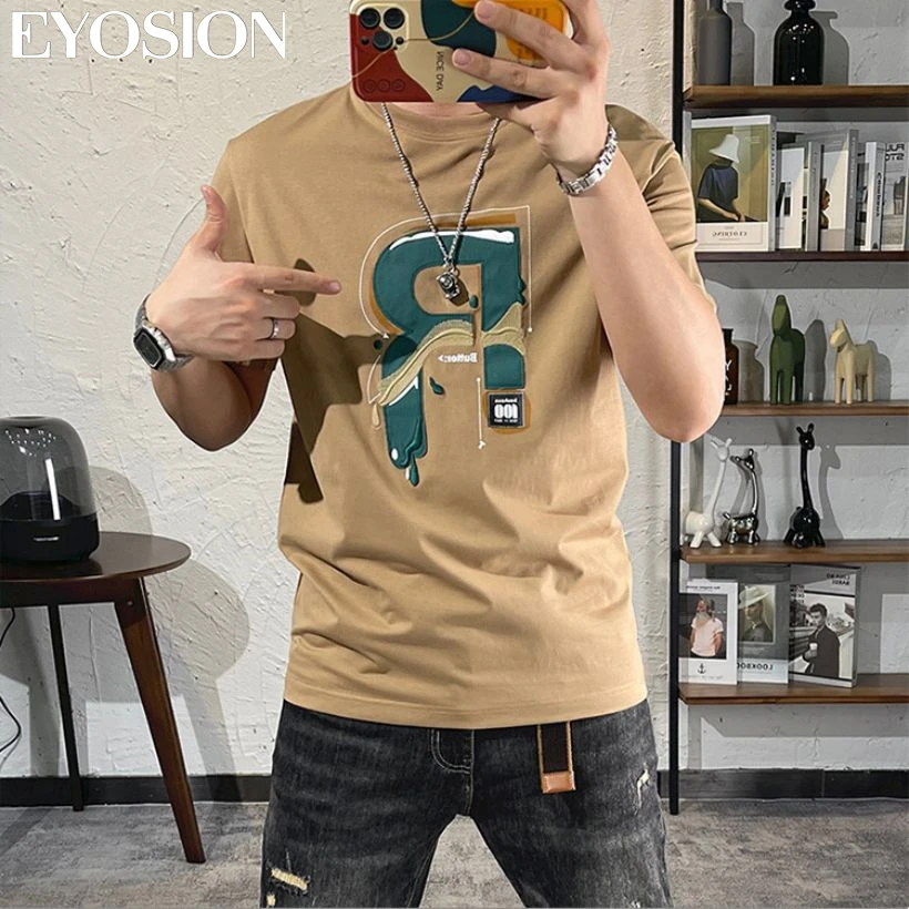 Summer Men‘s T-shirt with Letter Print Cotton Vintage Loose Soft Tshirt Basic Tops Short Sleeve T Shirt Male Tees 5XL