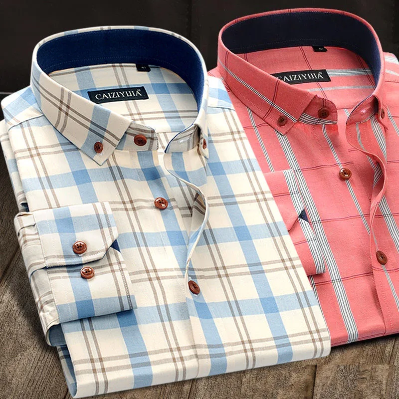 Men's Cotton Long Sleeve Plaid Dress Shirt Button Down Checkered Pocketless Design Casual Luxury Brand Male Social Shirts