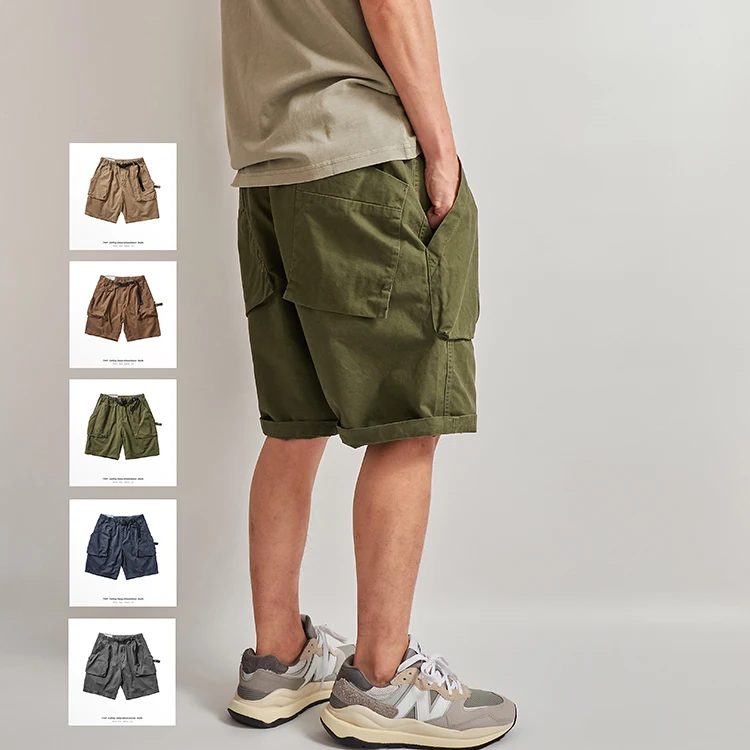 Summer American Retro Woven Cargo Shorts Men's Fashion 100% Cotton Washed Loose Multi-pocket Casual Five-point Pants with Belt