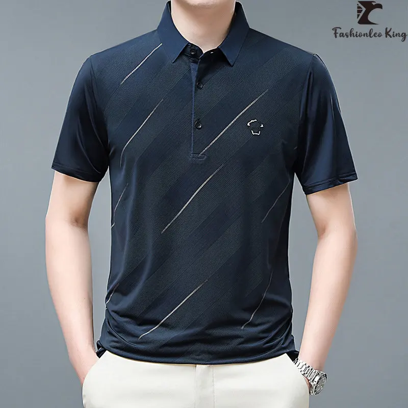 Summer Men's Short Sleeve Elastic Polo Shirt Male Comfortable Collar T-shirt Stripe Pullover Polos Top