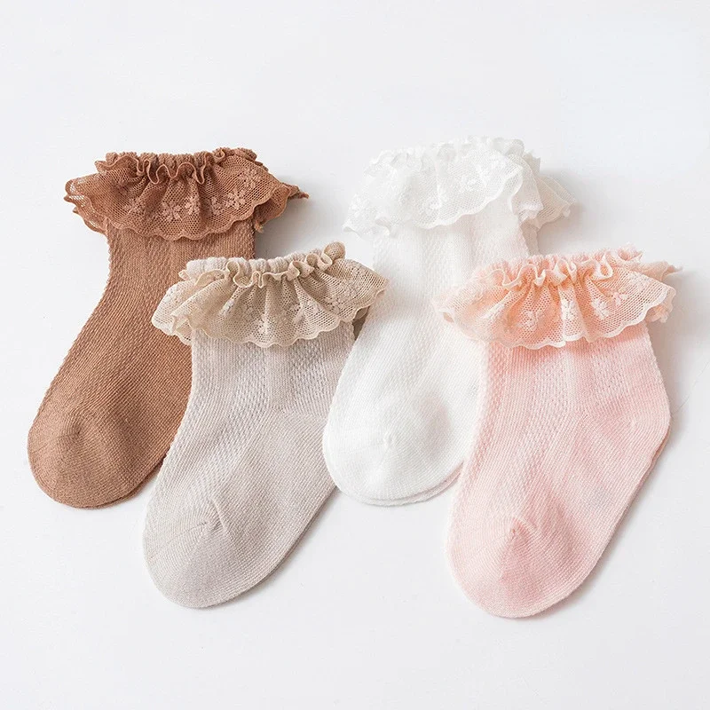 Korean Baby Ruffle Socks Solid Color Cotton Breathable Mesh Socks for Baby Girls Newborn Infant Toddler Kids Socks 0-8years Old