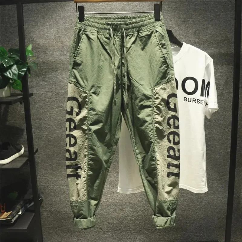 Fashion Pantalones Hombre Spring Summer Ice Silk Casual Pants Sports Pleated Bundle Foot Pants Men's Loose Overalls Men Clothing