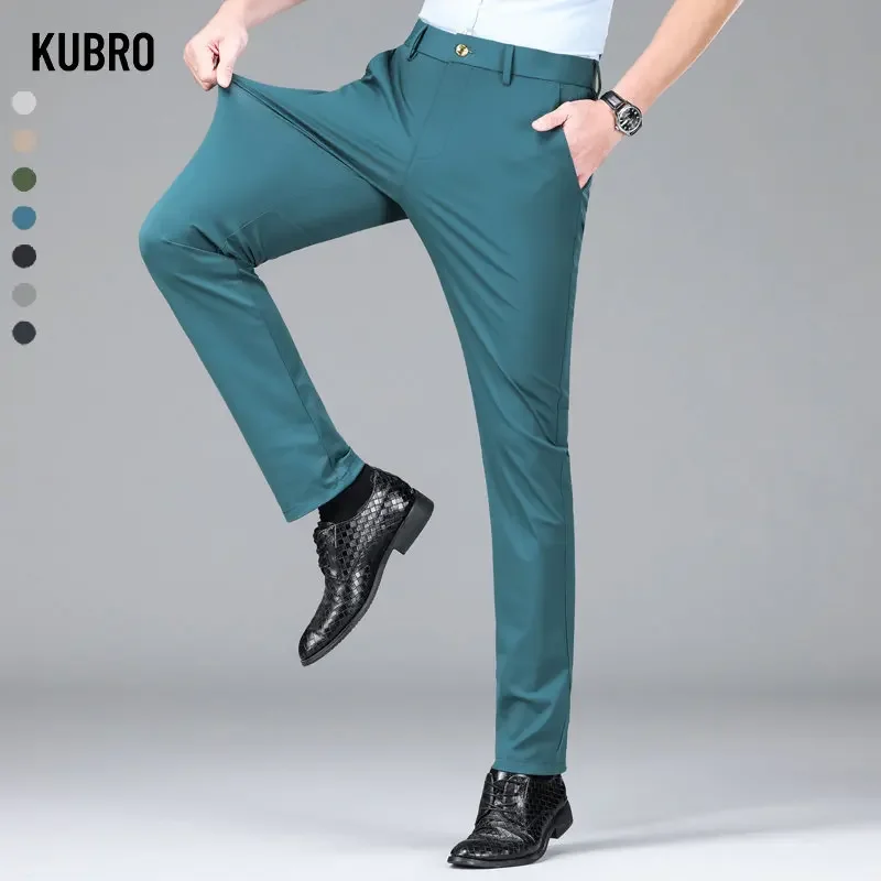 KUBRO 2023 New Trousers Men's Summer Thin Section Slim Casual Pants Man Multi Color Optional Ice Silk Loose Straight Business