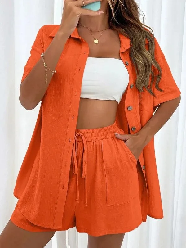Main Long Sleeve Single breasted Top Broad legged Shorts Set Fashion Ladies Sexy Solid Suits 2023 Summer 2 Piece Outfits For Women image