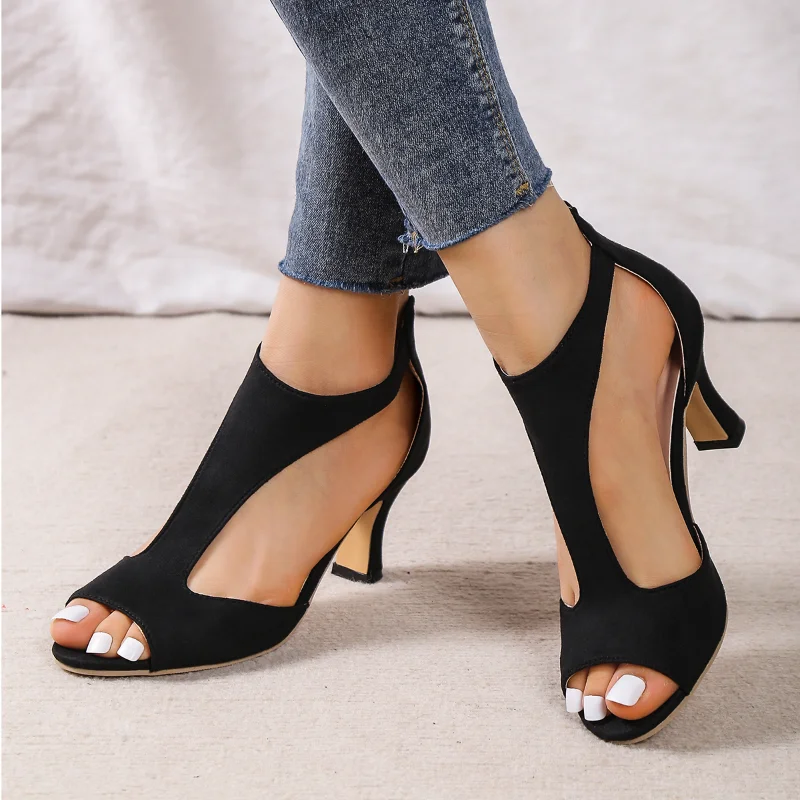 Main 2023 Summer New Brushed Leather Fish Mouth Sandals Women's Back Zipper Sexy Solid Color Comfortable High Heel Single Shoes Women image