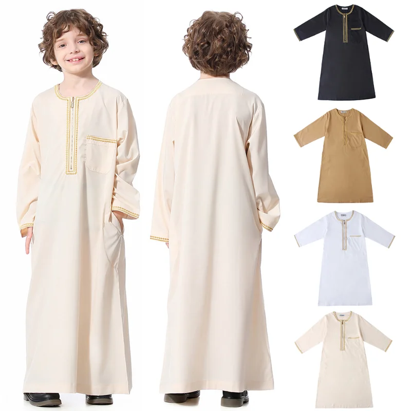 Muslim Boys Robe Round Collar Embroidered Long Sleeves Dress Gown Saudi Arabia Abaya Kaftan Jubba Thobe Islamic Clothes