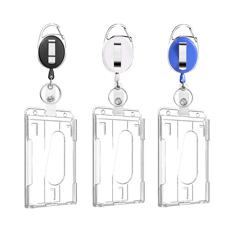 Main 1pc Double Badge Holder Vertical 2 Card Badge Holder With Thumb Slots Hard Transparent Case Protector With Retractable Badge image