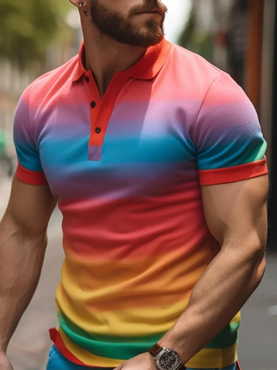 Men's Rainbow Stripes Art Print Polo Shirt 3D Printed Zip Up Polo Shirt Casual Collar Regular Fit Polo Shirt