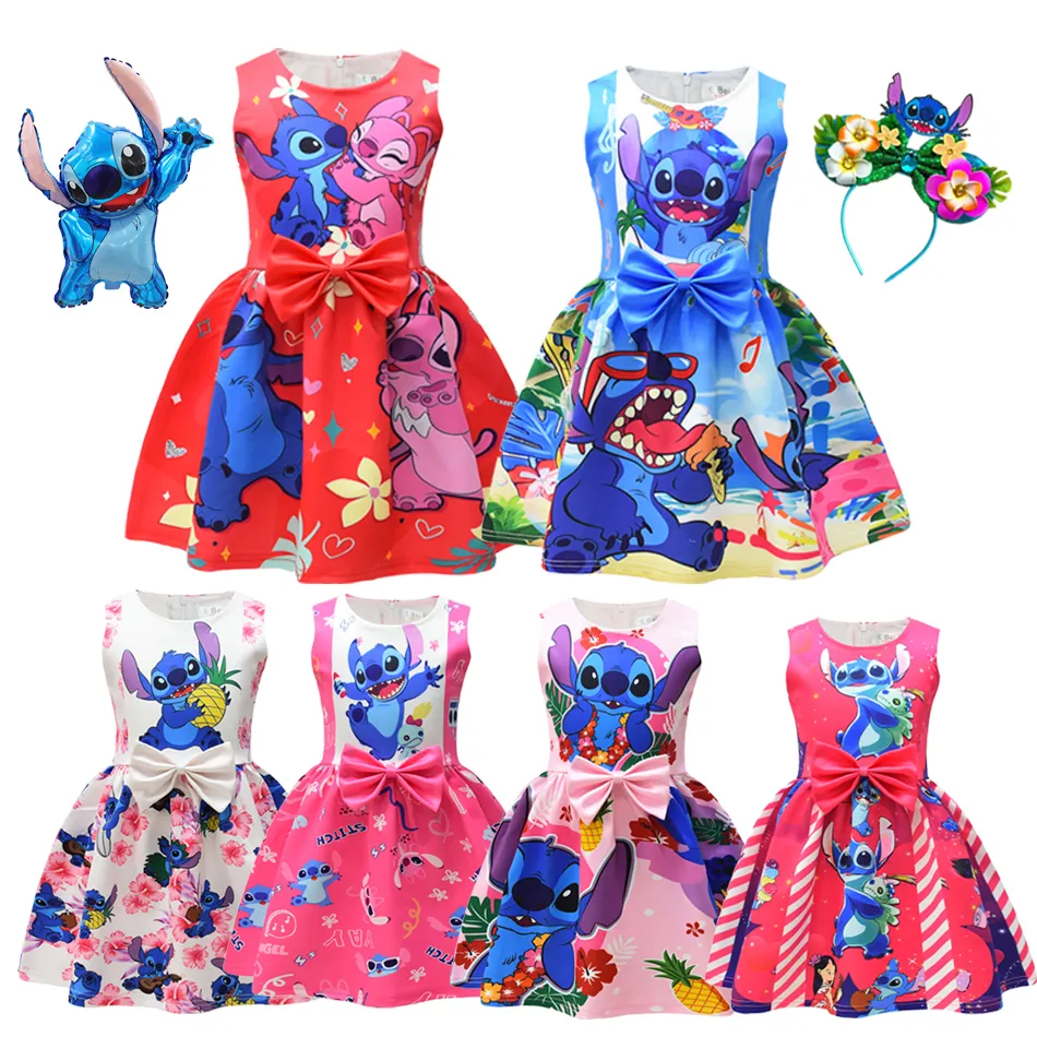 Lilo & Stitch Girls Dress Costume Disney 2023 New Clothes Cosplay Halloween Kids Birthday Party Cartoon Print Children Dress