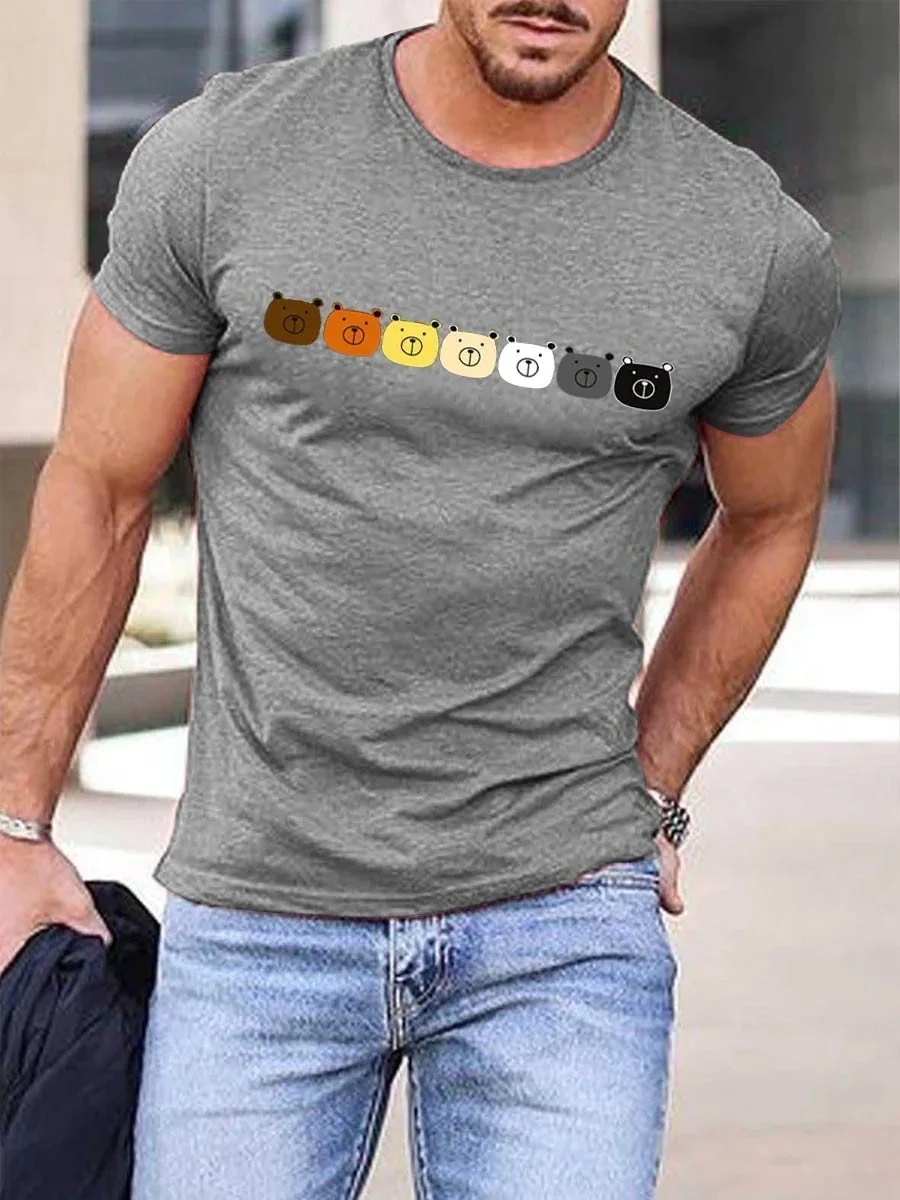 2023 Summer Men's Printed Casual Crew Neck Short Sleeve T-Shirt Men's Rainbow Bears Print Gray T-Shirt 3D Printed T Shirt